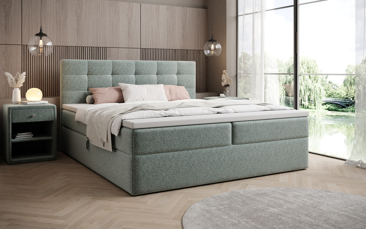 Boxspringbed Lux in structuurstof met opbergruimte