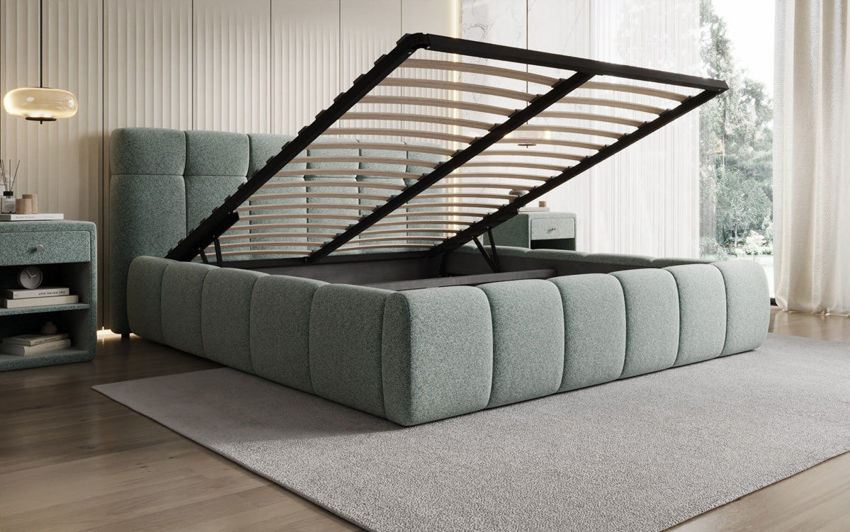 Design gestoffeerd bed Helena in structuurstof met opbergruimte