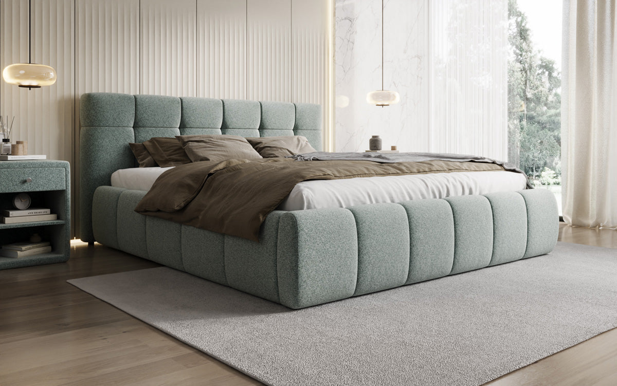Design gestoffeerd bed Helena in structuurstof met opbergruimte