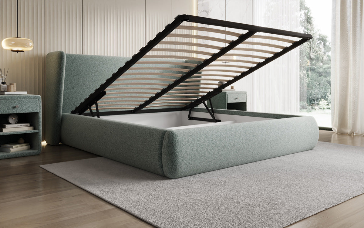 Designer gestoffeerd bed Rosalie in structuurstof met opbergruimte