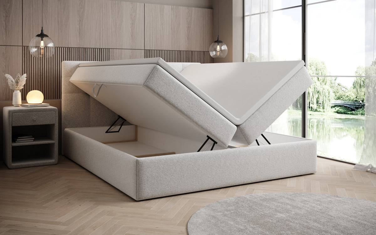Boxspringbed Lux in structuurstof met opbergruimte