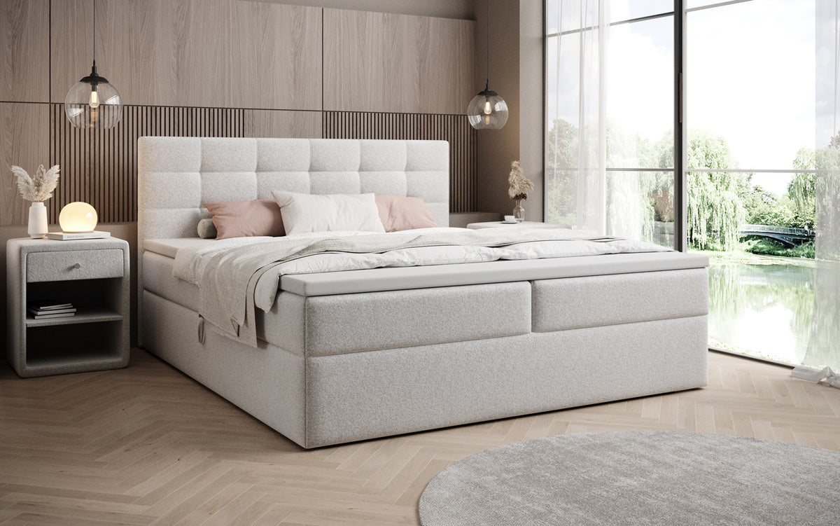 Boxspringbed Lux in structuurstof met opbergruimte