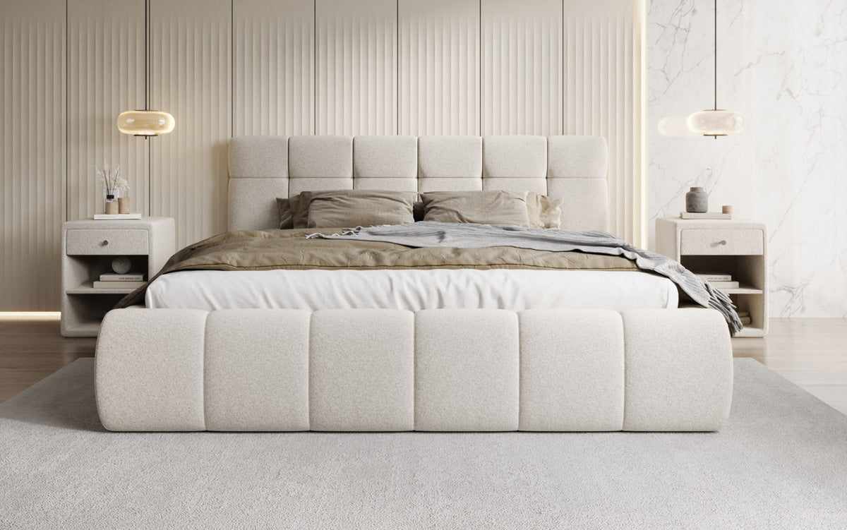 Design gestoffeerd bed Helena in structuurstof met opbergruimte