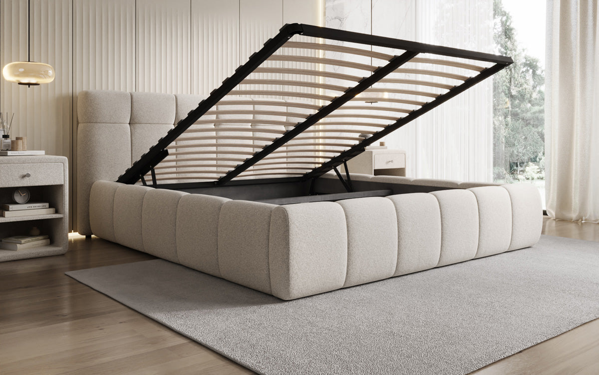 Design gestoffeerd bed Helena in structuurstof met opbergruimte