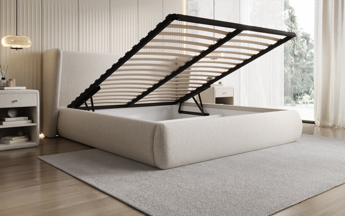 Designer gestoffeerd bed Rosalie in structuurstof met opbergruimte