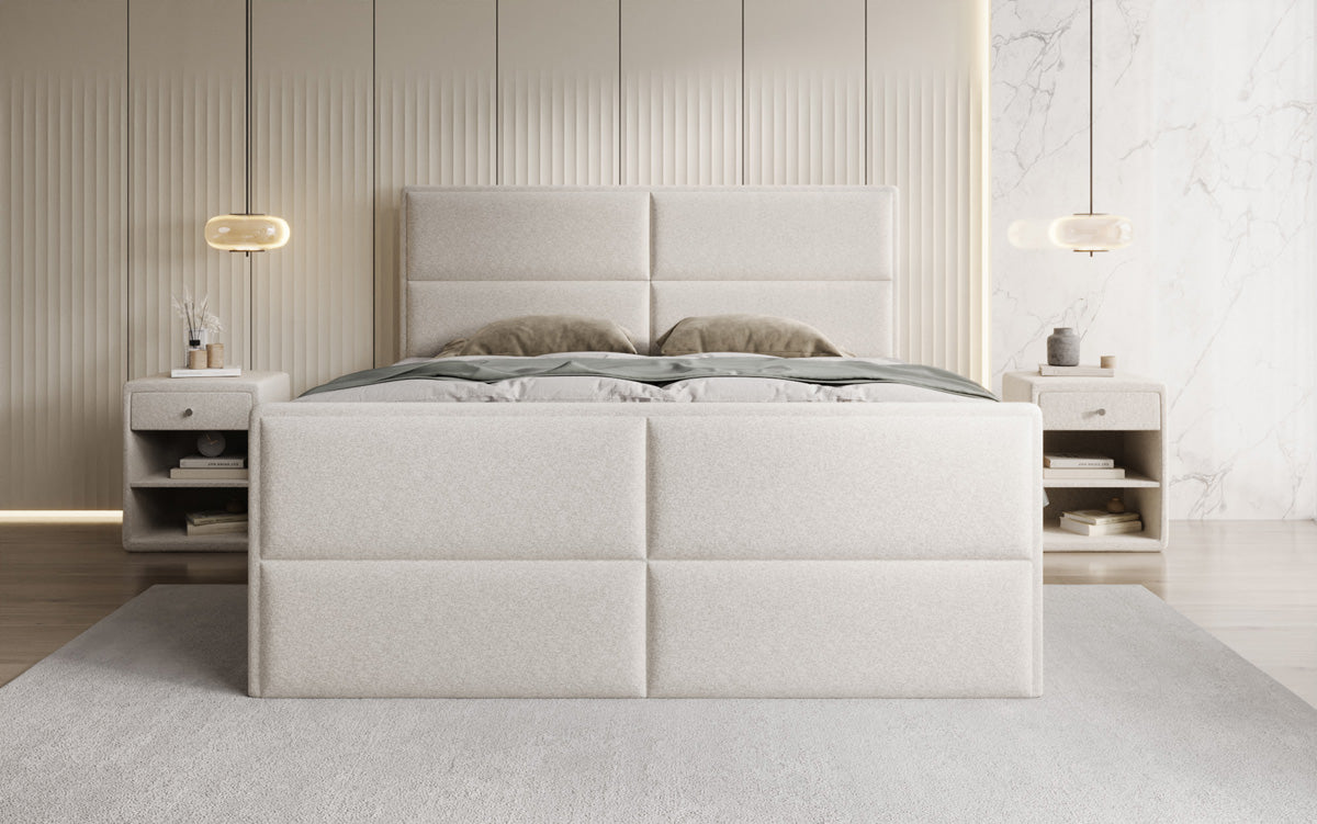Boxspringbed Viola in structuurstof met opbergruimte