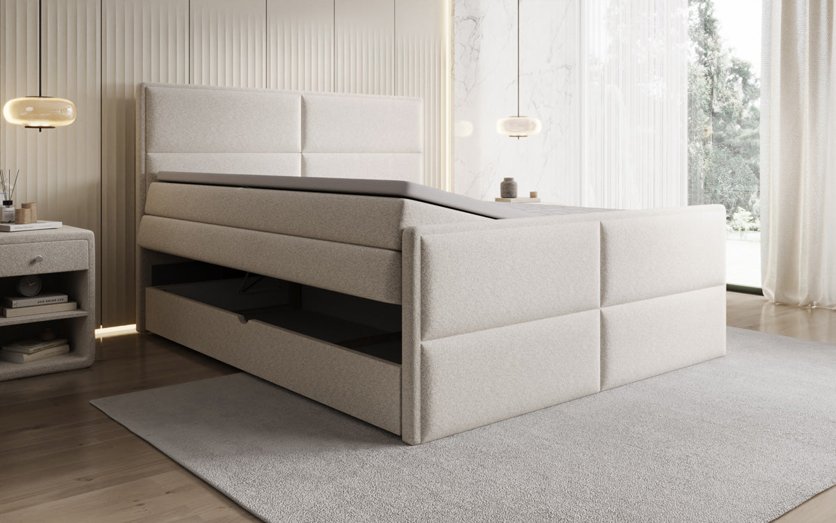 Boxspringbed Viola in structuurstof met opbergruimte