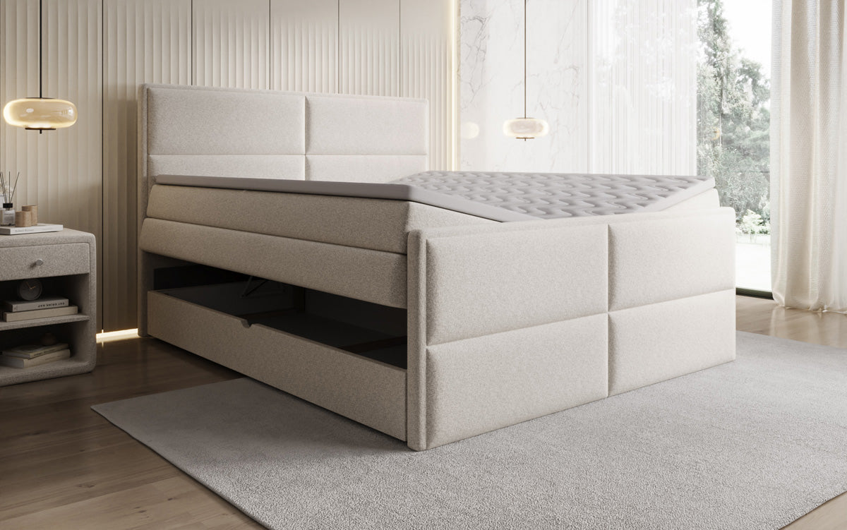 Boxspringbed Viola in structuurstof met opbergruimte