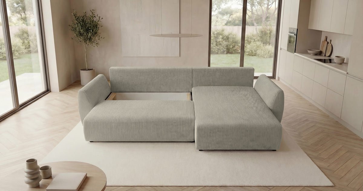Designbank Lenoa L met slaap- en uitklapfunctie in Ribstof