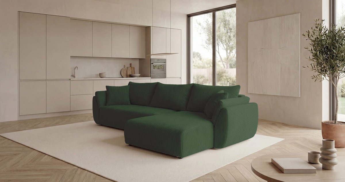 Designbank Lenoa L met slaap- en uitklapfunctie in Ribstof