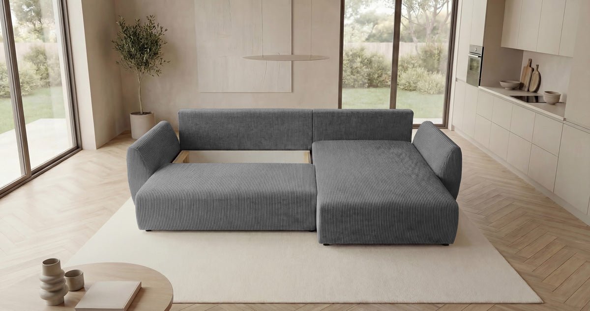 Designbank Lenoa L met slaap- en uitklapfunctie in Ribstof