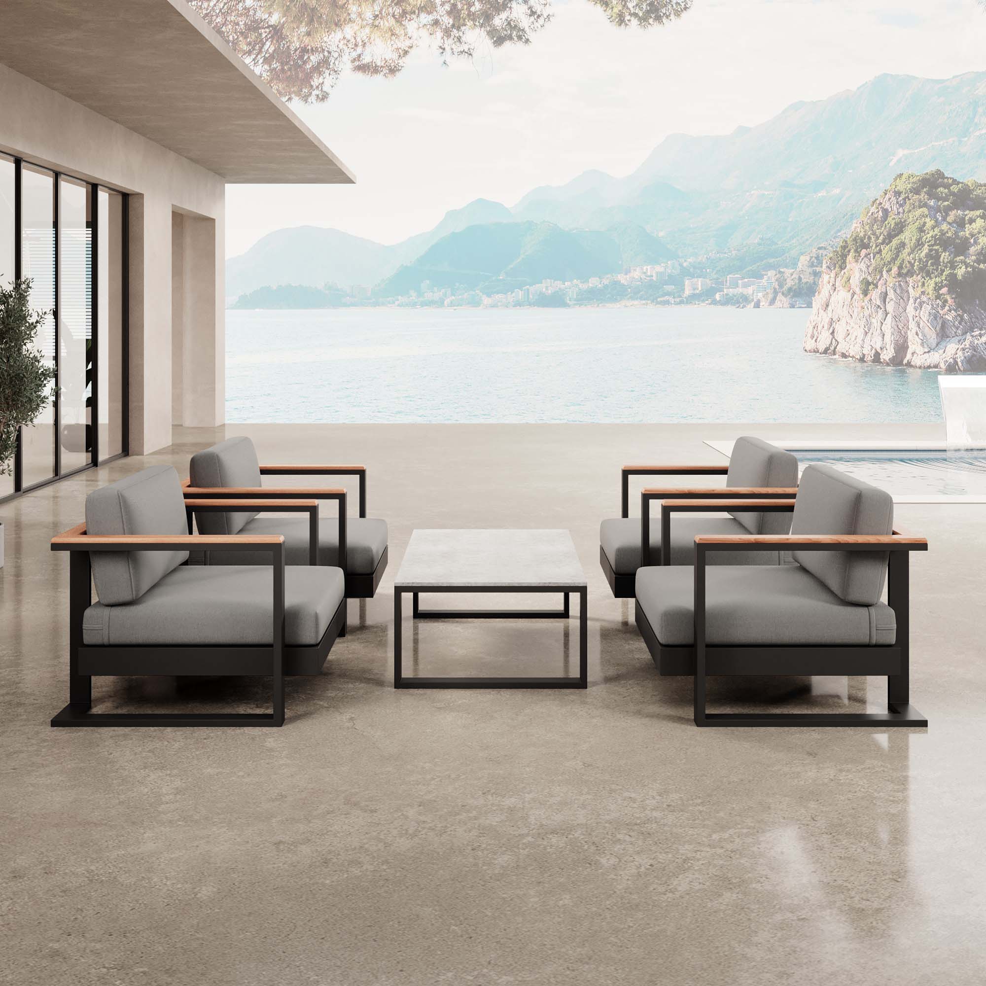 Vayla – 4 Loungesessel & Tisch aus schwarzem Aluminium | Aevora™ Kollektion