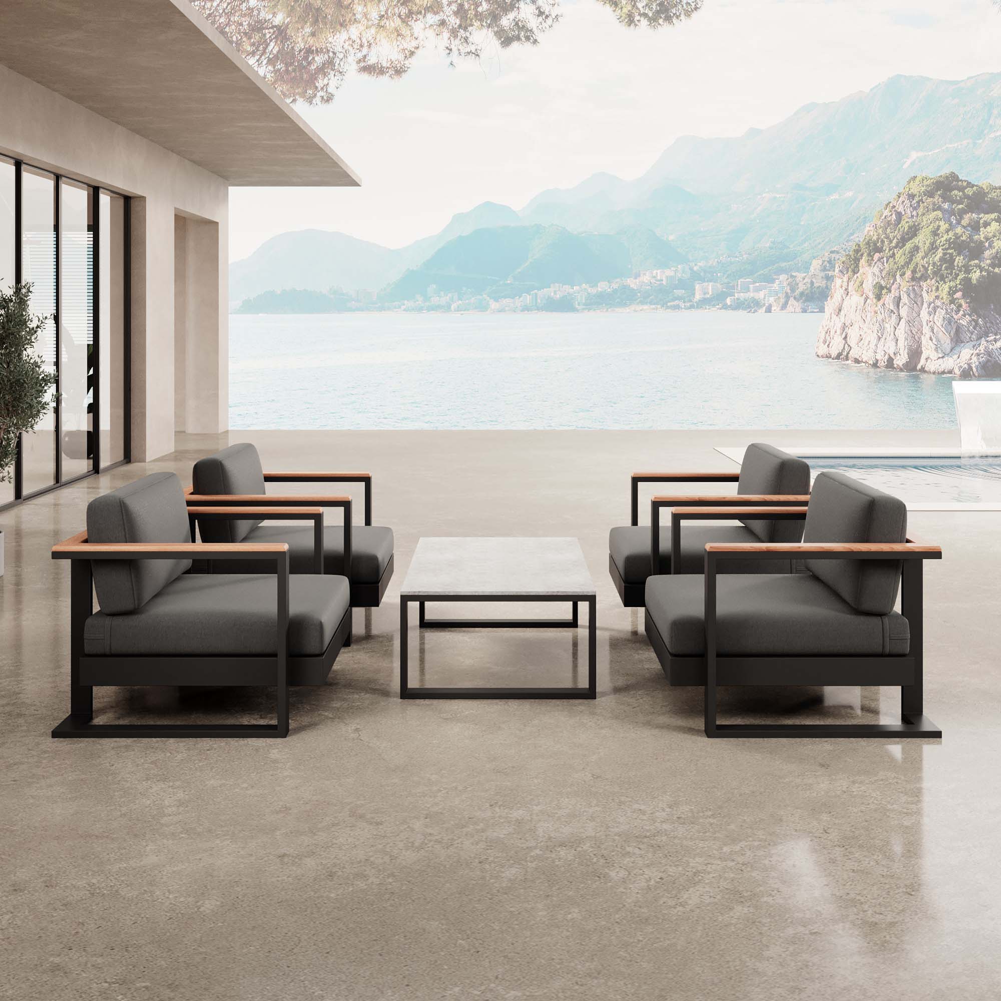 Vayla – 4 Loungesessel & Tisch aus schwarzem Aluminium | Aevora™ Kollektion