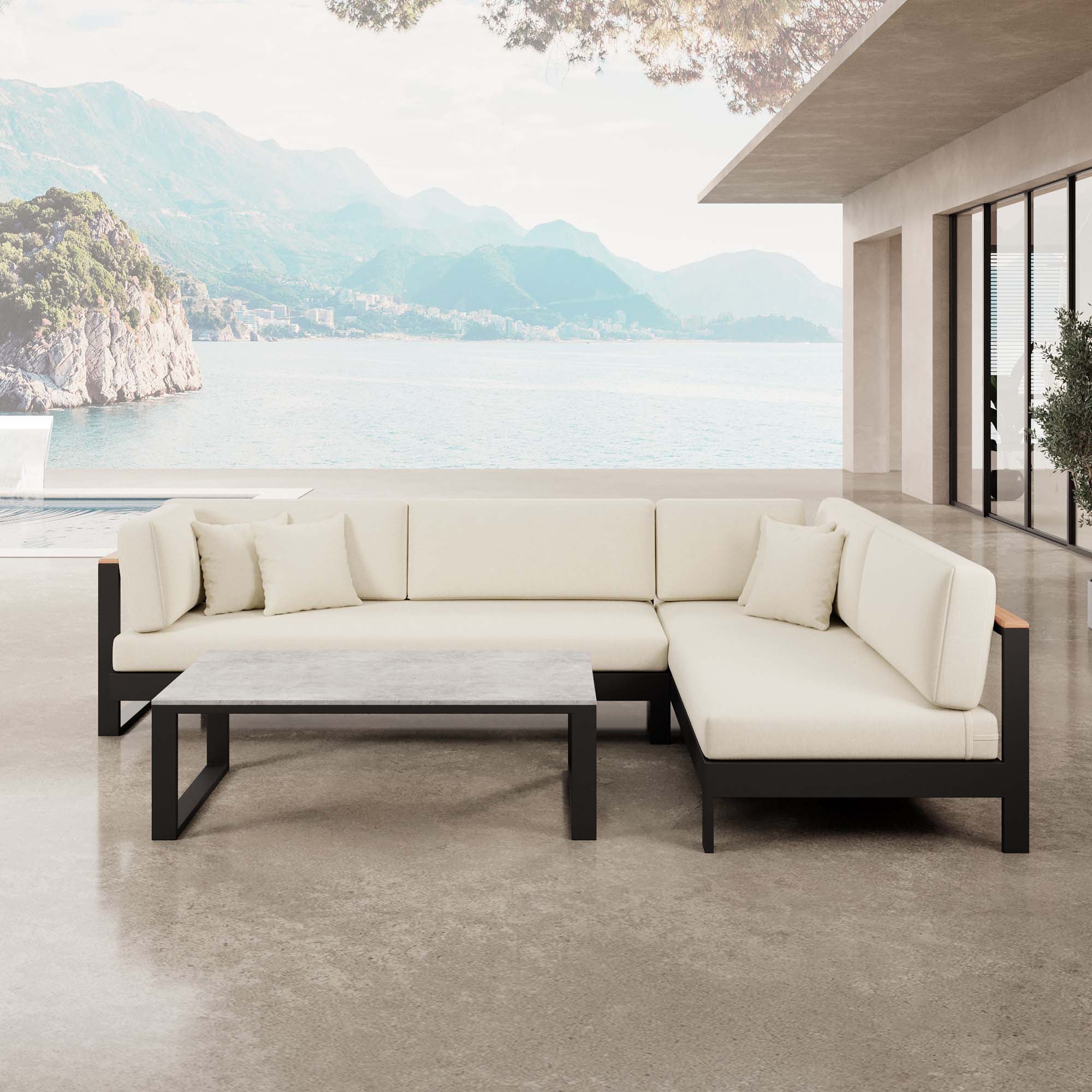 Vayla – Ecklounge, Ecksofa & Tisch aus schwarzem Aluminium | Aevora™ Kollektion