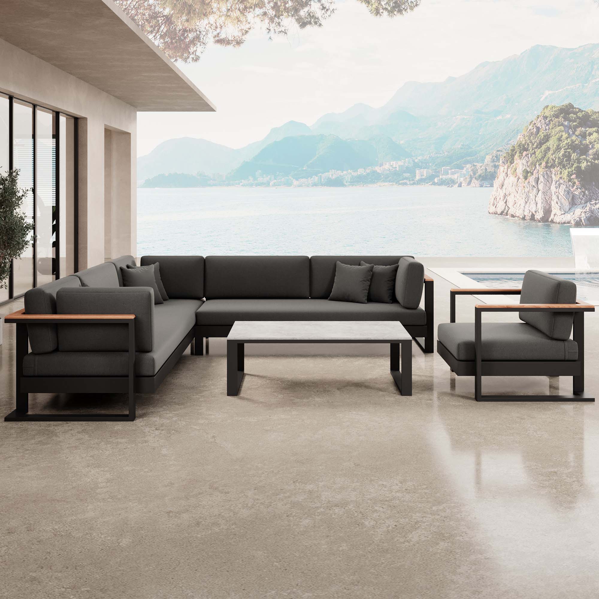 Vayla – Loungegruppe mit Ecksofa, Loungesessel & Tisch aus schwarzem Aluminium | Aevora™ Kollektion