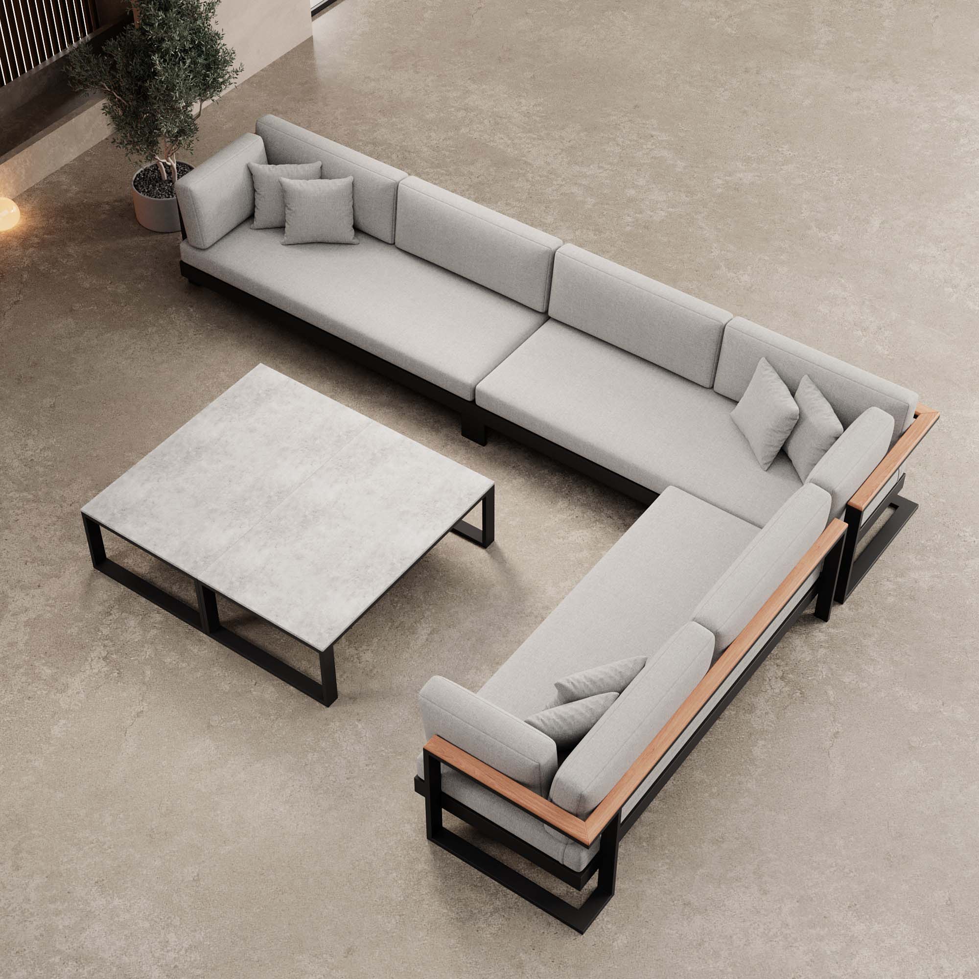 Vayla – Wohnlandschaft mit Doppeltisch & Ecksofa aus schwarzem Aluminium | Aevora™ Kollektion