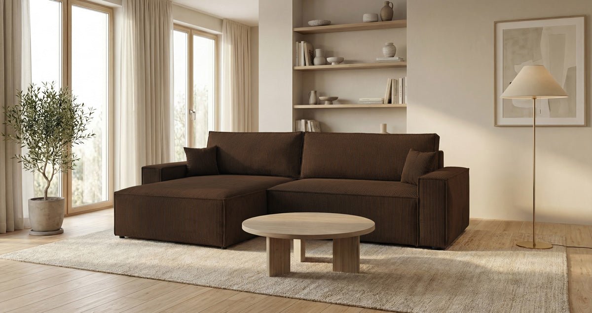 Designsofa Vienna met slaap- en uitklapfunctie in Ribstof