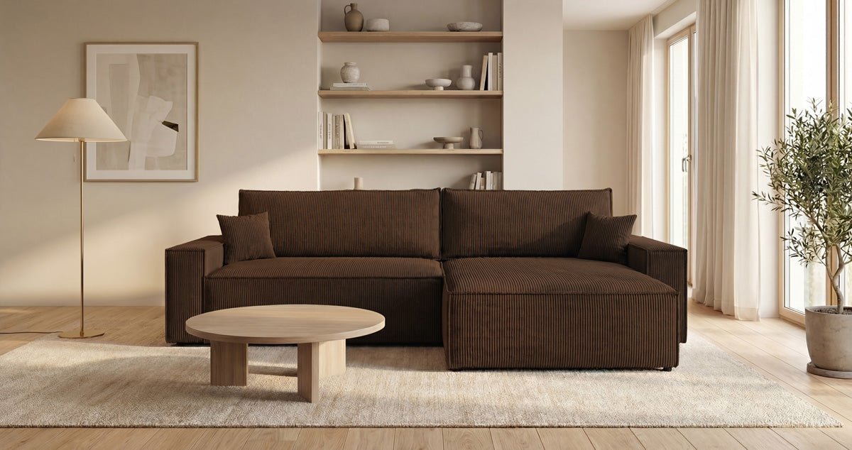 Designsofa Vienna met slaap- en uitklapfunctie in Ribstof
