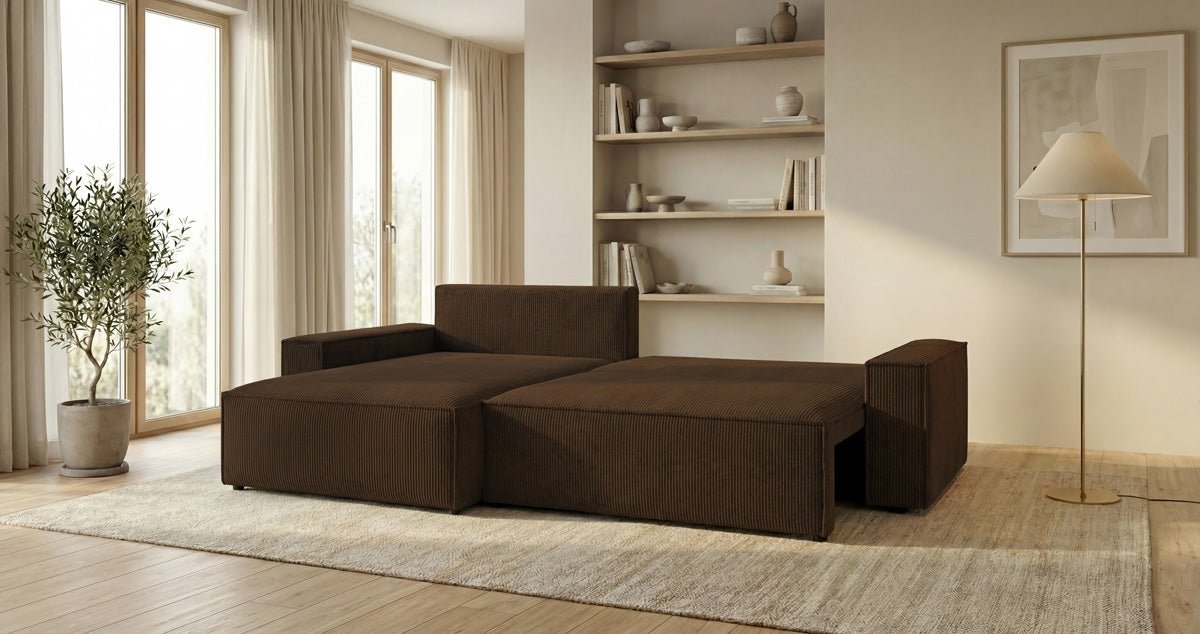 Designsofa Vienna met slaap- en uitklapfunctie in Ribstof
