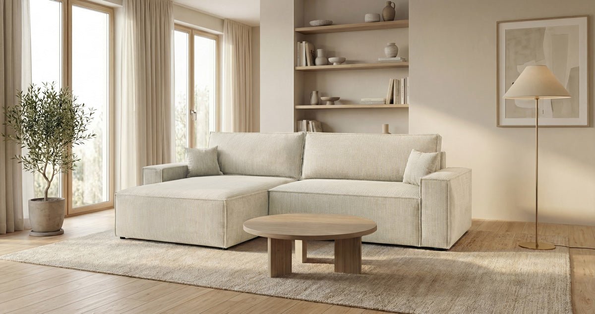 Designsofa Vienna met slaap- en uitklapfunctie in Ribstof
