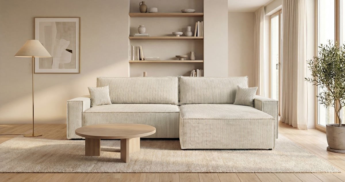 Designsofa Vienna met slaap- en uitklapfunctie in Ribstof