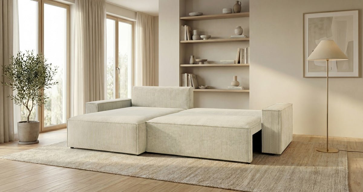 Designsofa Vienna met slaap- en uitklapfunctie in Ribstof