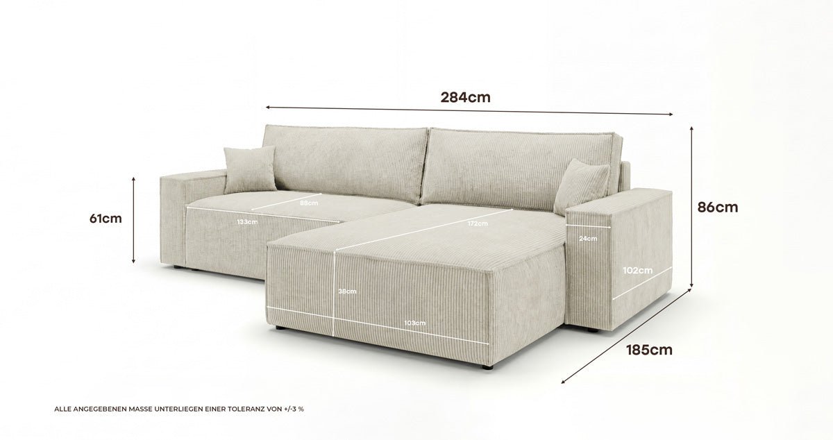 Designsofa Vienna met slaap- en uitklapfunctie in Ribstof