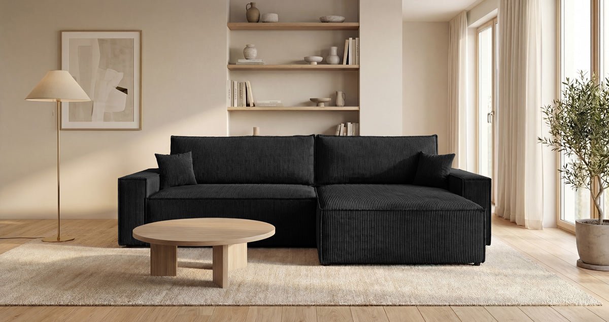 Designsofa Vienna met slaap- en uitklapfunctie in Ribstof