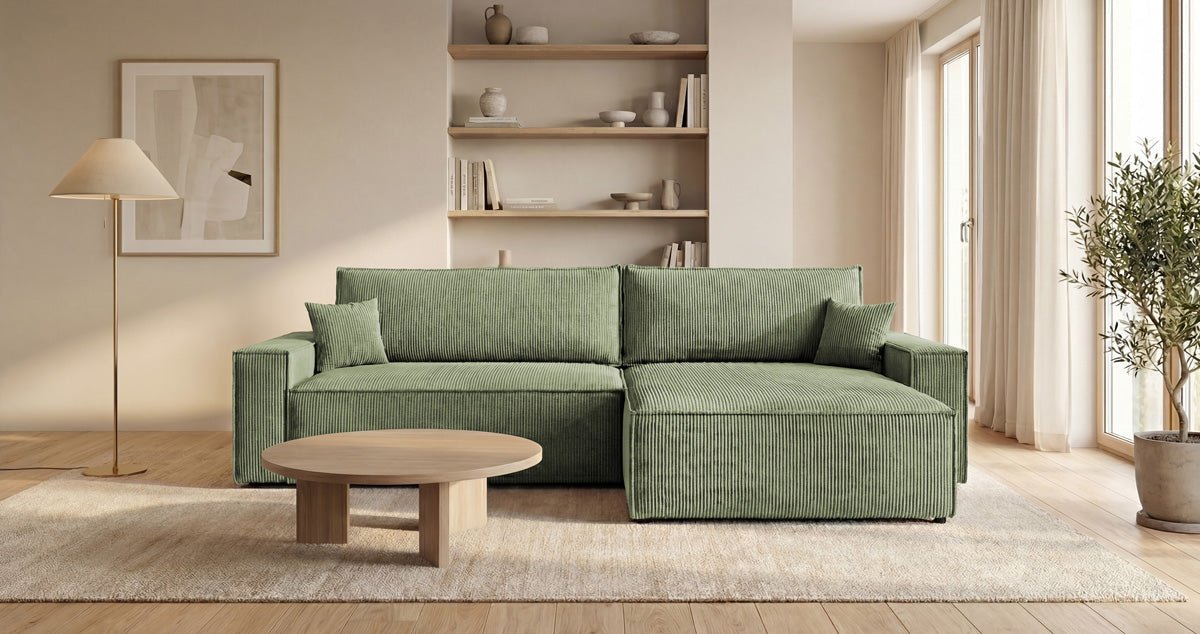 Designsofa Vienna met slaap- en uitklapfunctie in Ribstof