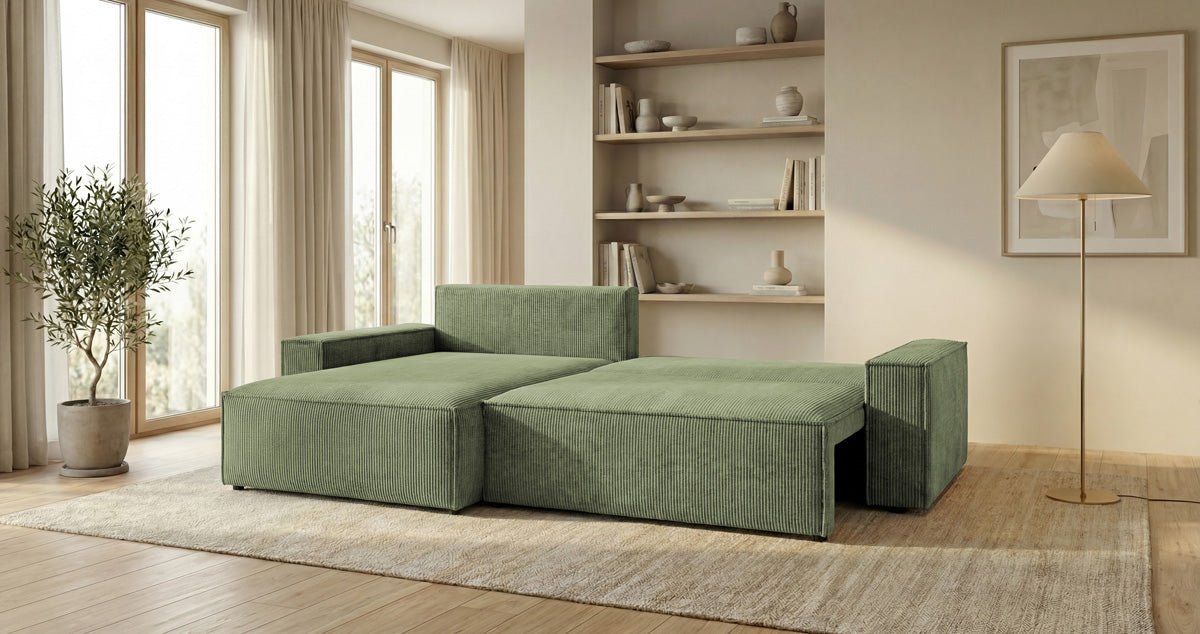 Designsofa Vienna met slaap- en uitklapfunctie in Ribstof