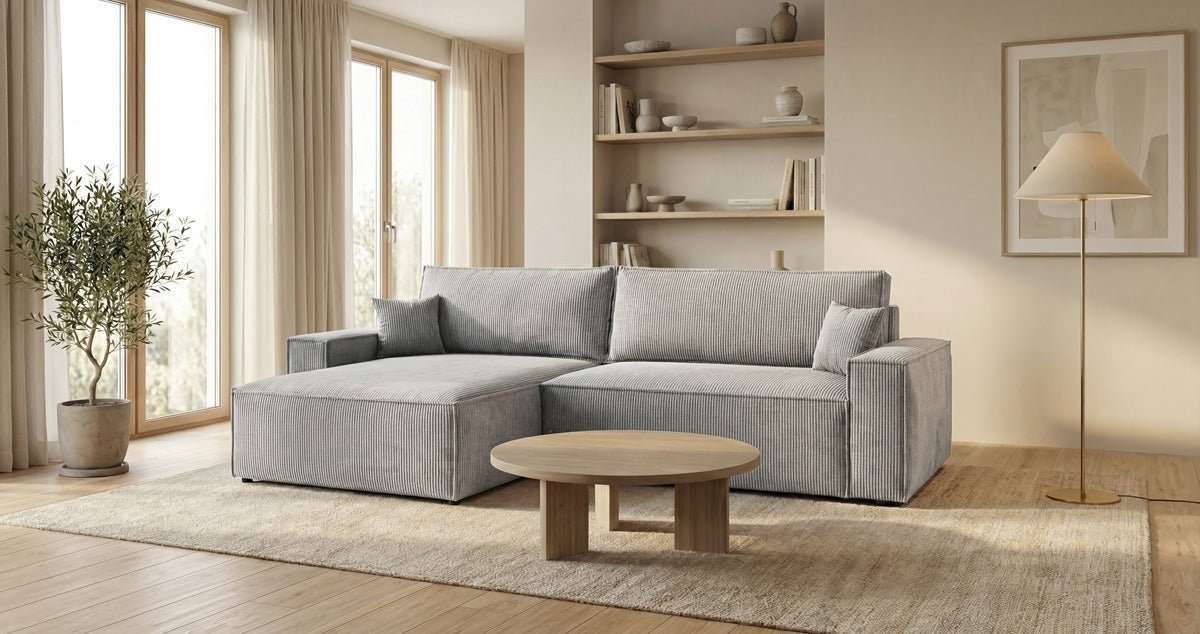 Designsofa Vienna met slaap- en uitklapfunctie in Ribstof