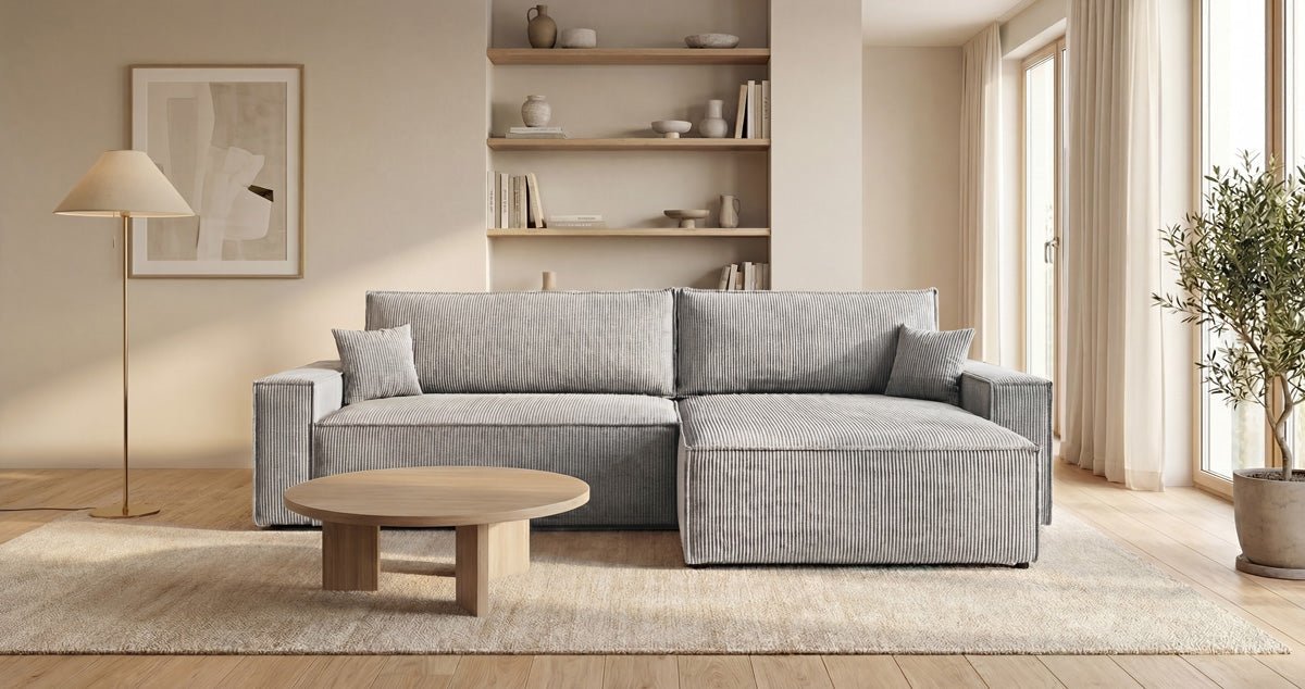 Designsofa Vienna met slaap- en uitklapfunctie in Ribstof