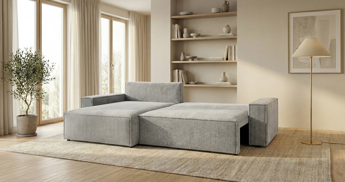 Designsofa Vienna met slaap- en uitklapfunctie in Ribstof