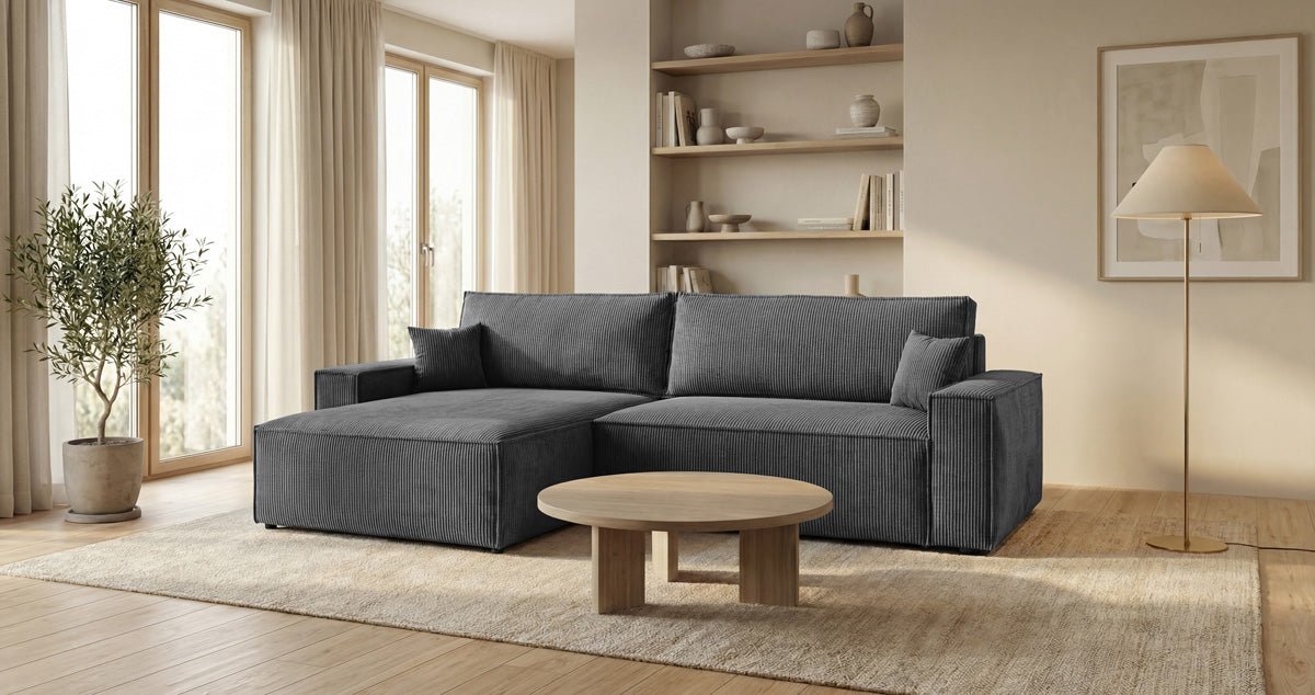Designsofa Vienna met slaap- en uitklapfunctie in Ribstof