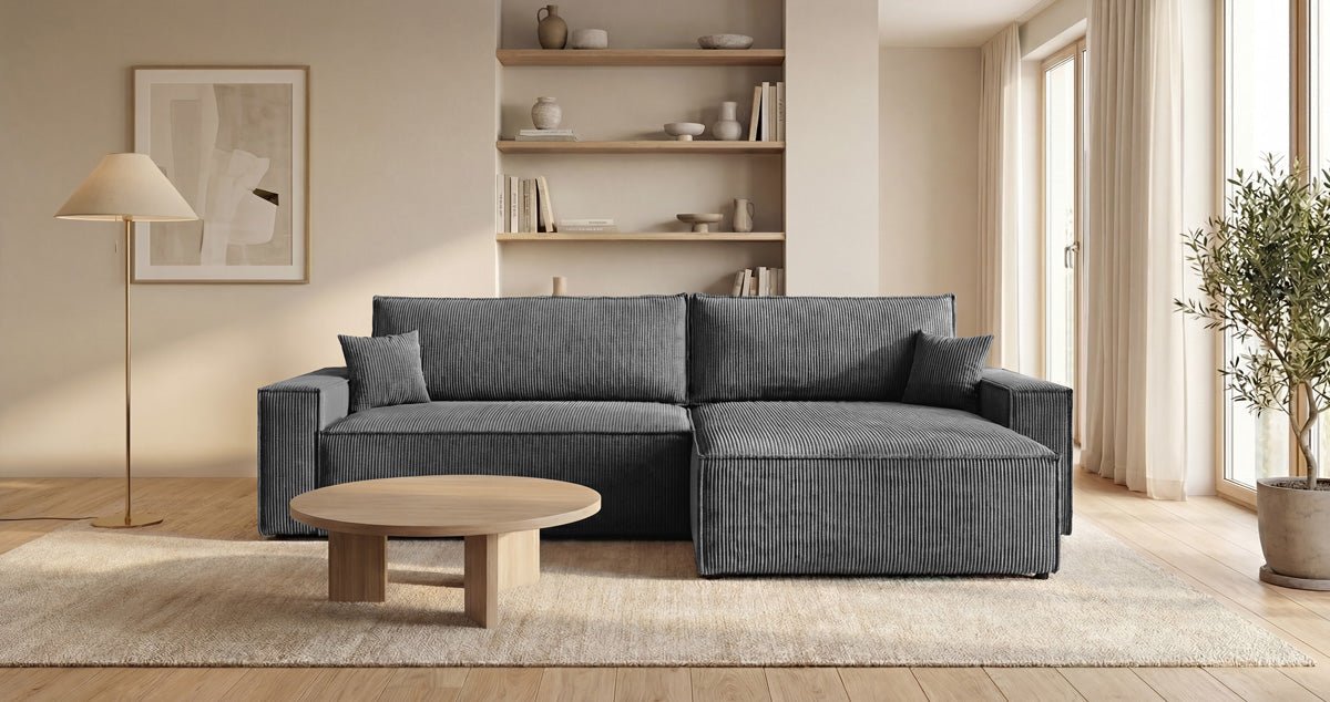 Designsofa Vienna met slaap- en uitklapfunctie in Ribstof