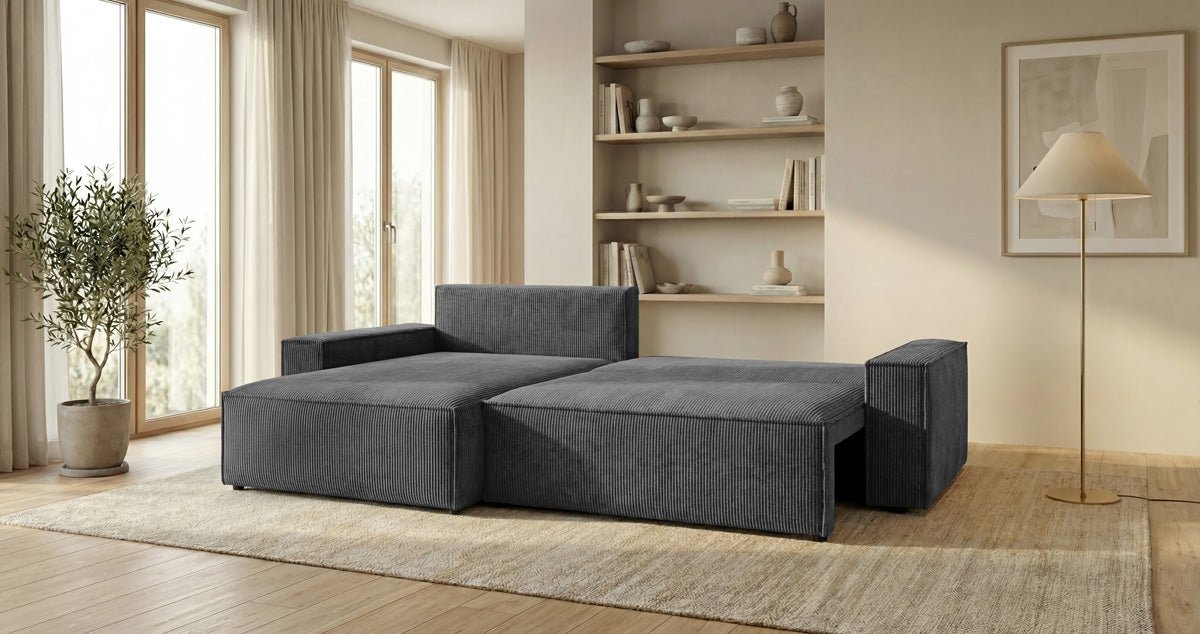 Designsofa Vienna met slaap- en uitklapfunctie in Ribstof