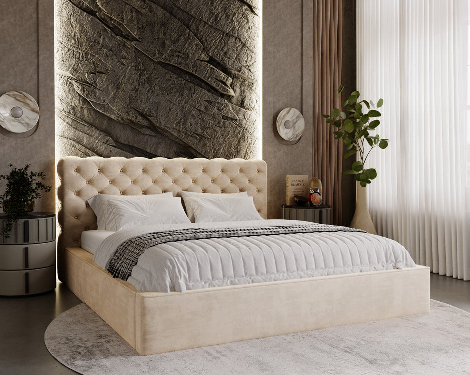 Designer gestoffeerd bed Florentina in fluweel met opbergruimte