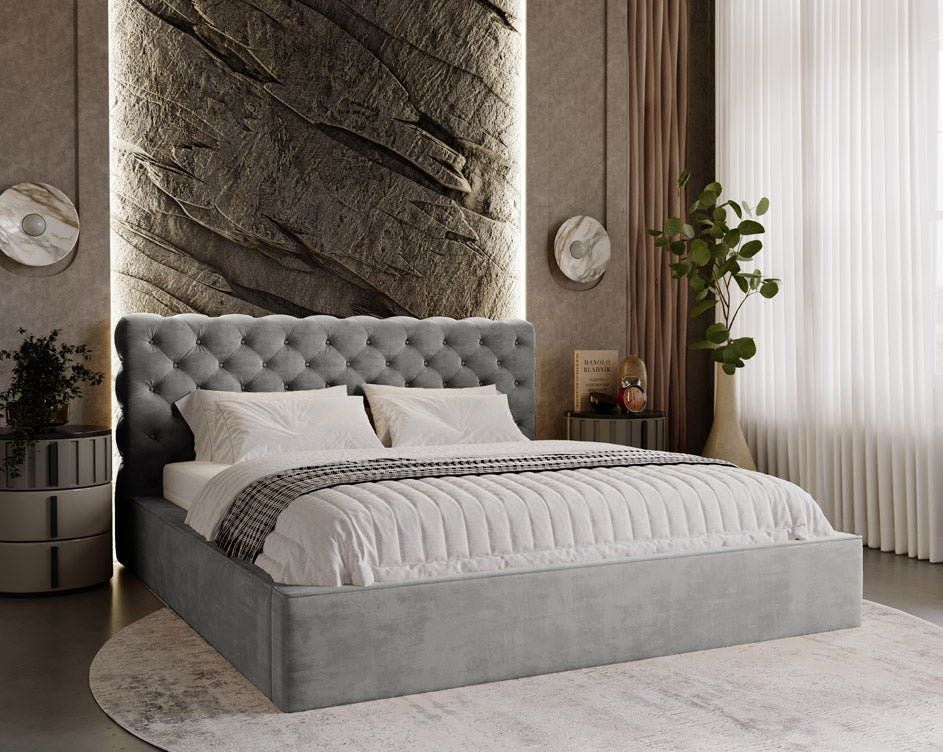 Designer gestoffeerd bed Florentina in fluweel met opbergruimte