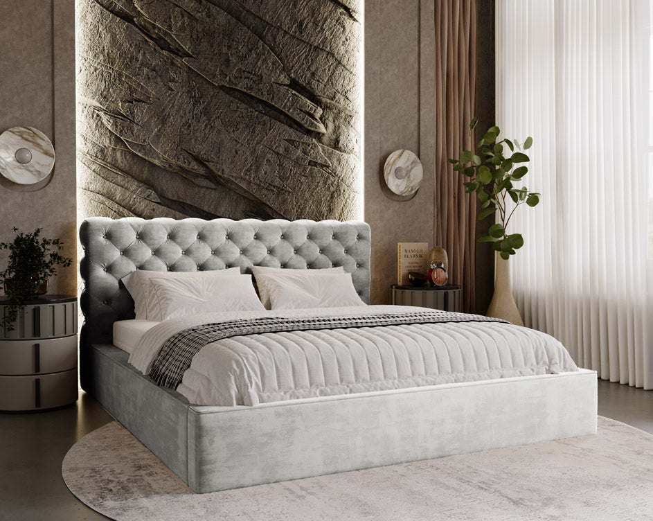 Designer gestoffeerd bed Florentina in fluweel met opbergruimte