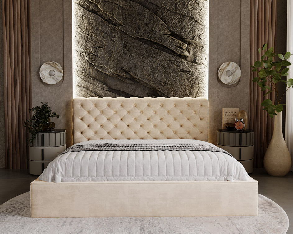 Designer gestoffeerd bed Florentina in fluweel met opbergruimte