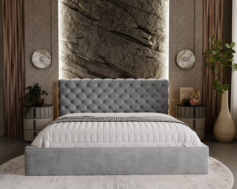 Designer gestoffeerd bed Florentina in fluweel met opbergruimte