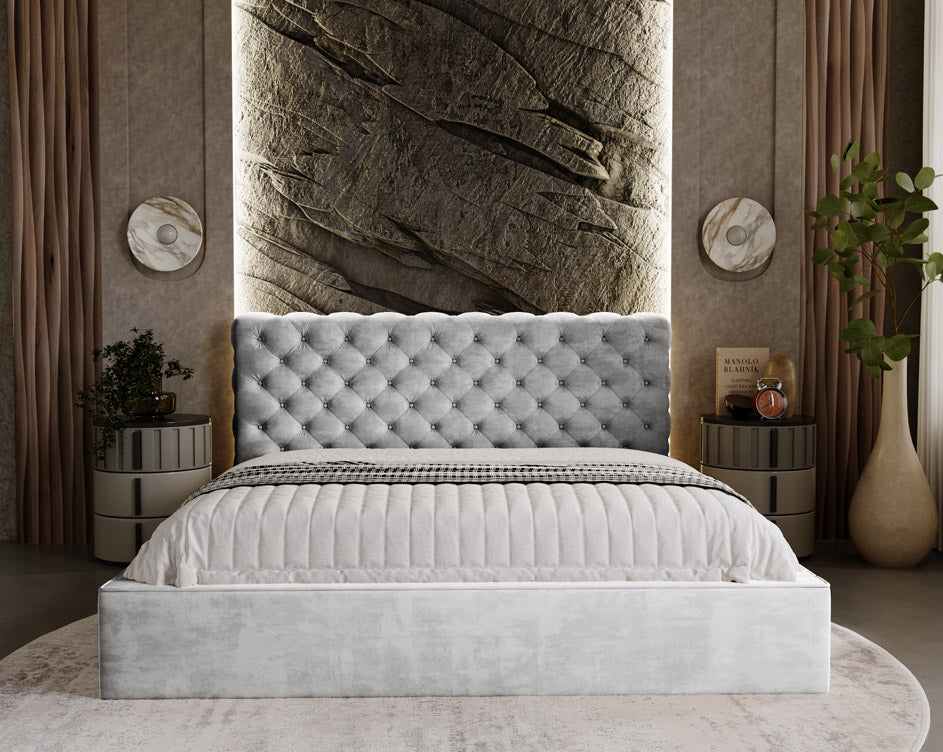 Designer gestoffeerd bed Florentina in fluweel met opbergruimte