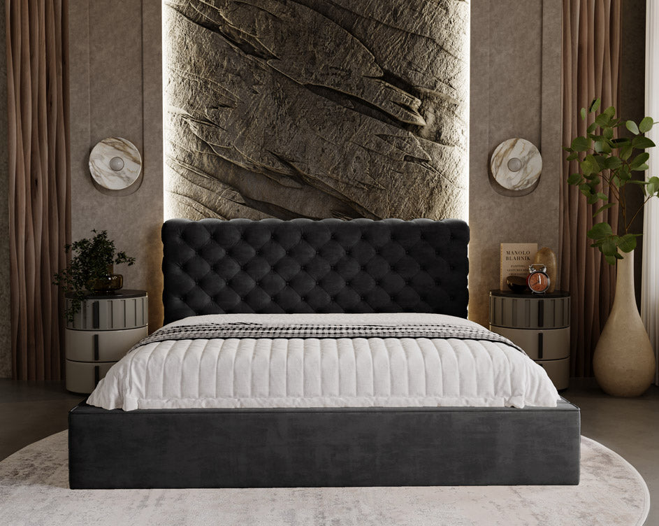 Designer gestoffeerd bed Florentina in fluweel met opbergruimte