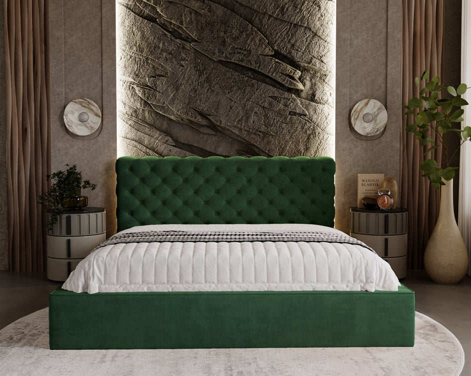 Designer gestoffeerd bed Florentina in fluweel met opbergruimte