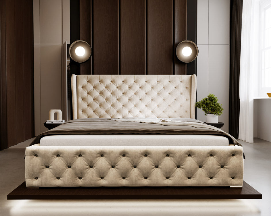 Designer gestoffeerd bed Royal in fluweel met opbergruimte