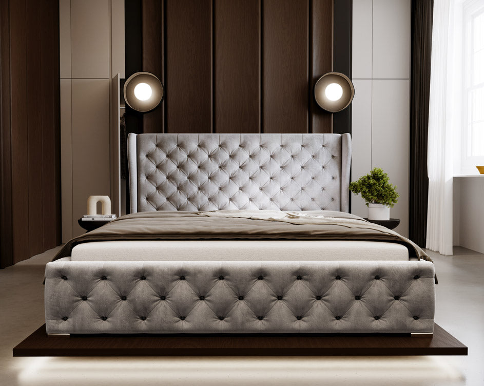 Designer gestoffeerd bed Royal in fluweel met opbergruimte