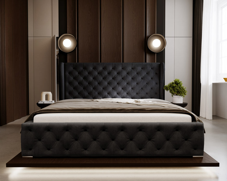 Designer gestoffeerd bed Royal in fluweel met opbergruimte