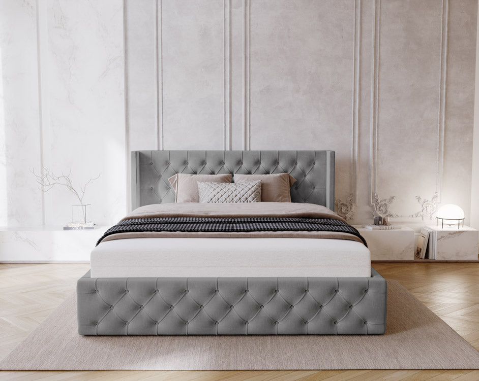 Designer gestoffeerd bed Celestia in fluweel met opbergruimte