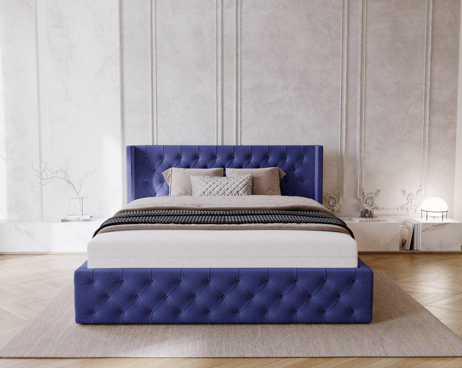 Designer gestoffeerd bed Celestia in fluweel met opbergruimte