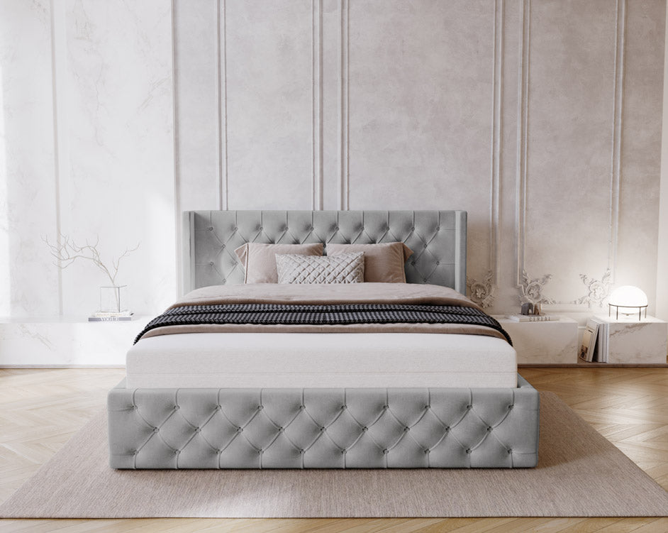 Designer gestoffeerd bed Celestia in fluweel met opbergruimte